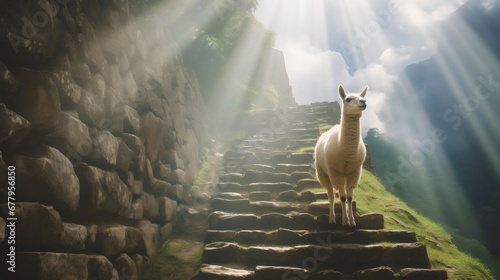 Cute Llama Hanging Out In Nature At An Ancient Machu Picchu Temple. Generated with AI. photo