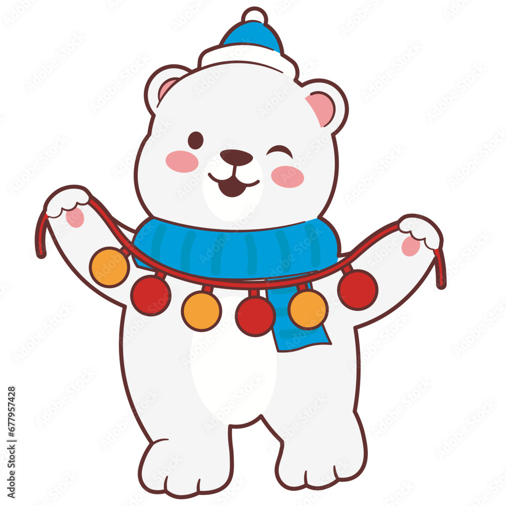 Fototapeta premium Cute Polar Bear With Fairy Lights Illustration