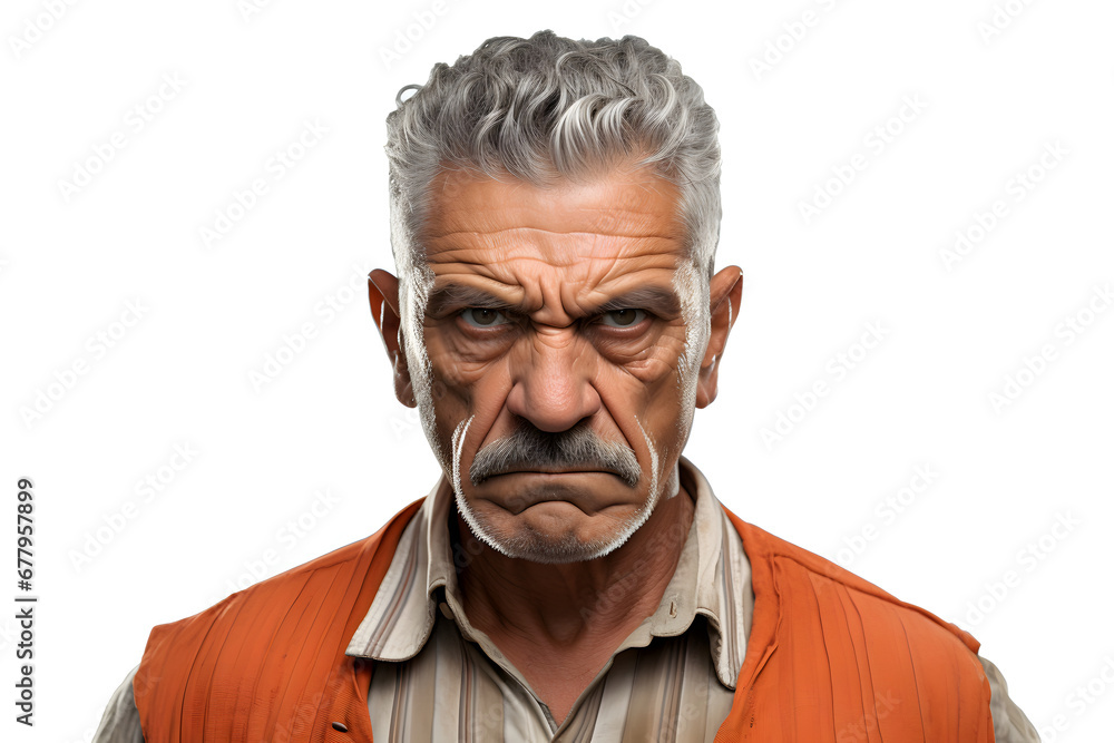 Fototapeta premium Sulking senior Latin American man, head and shoulders portrait on white background. Neural network generated photorealistic image