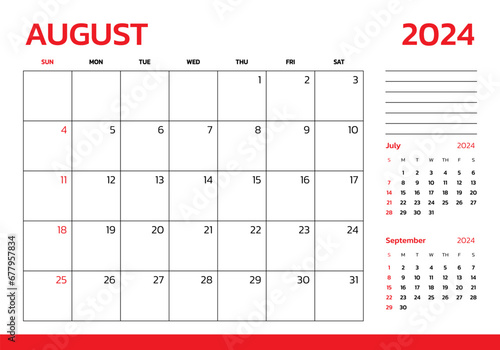 August 2024 Calendar. Week start on Sunday. Desk calendar 2024 design, simple and clean design, Wall calendar for print, digital calendar, Corporate design planner template vector.