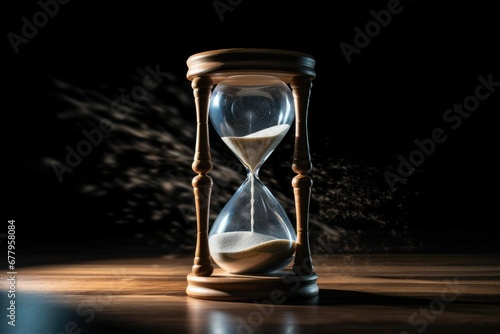 A hourglass sitting on top of a wooden table, a digital rendering portraying hyperrealism with a black background. The photo captivates viewers with a large amount of sand, symbolizing t Generative AI