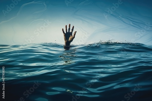 A person's hand emerging from the water, people in distress, drowning incidents, bodies submerged, drowned individuals.Generative AI
