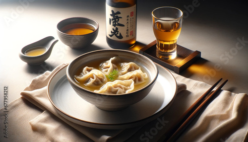  close-up of fresh wonton soup with sake served on the side of a plate.  photo