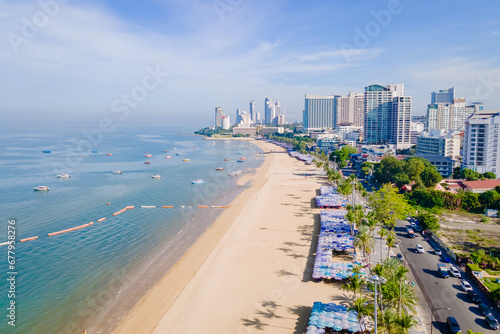 Pattaya Thailand, a view of the beach alongside the renovated new beach road. drone aerial view of the Pattaya beach