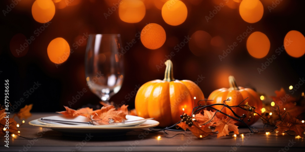 Empty place setting with a plate and silverware on a plain background with pumpkins and an autumn theme Empty place setting with a plate and silverware on a plain background with pumpkins and an autumn theme