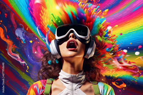 emotional person wearing Virtual Reality glasses on colorful Metaverse background