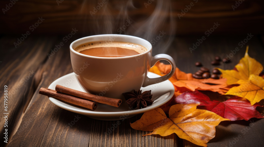 A cup of coffee on a wooden table with fall leaves. A cup of coffee on a wooden table with fall leaves.
