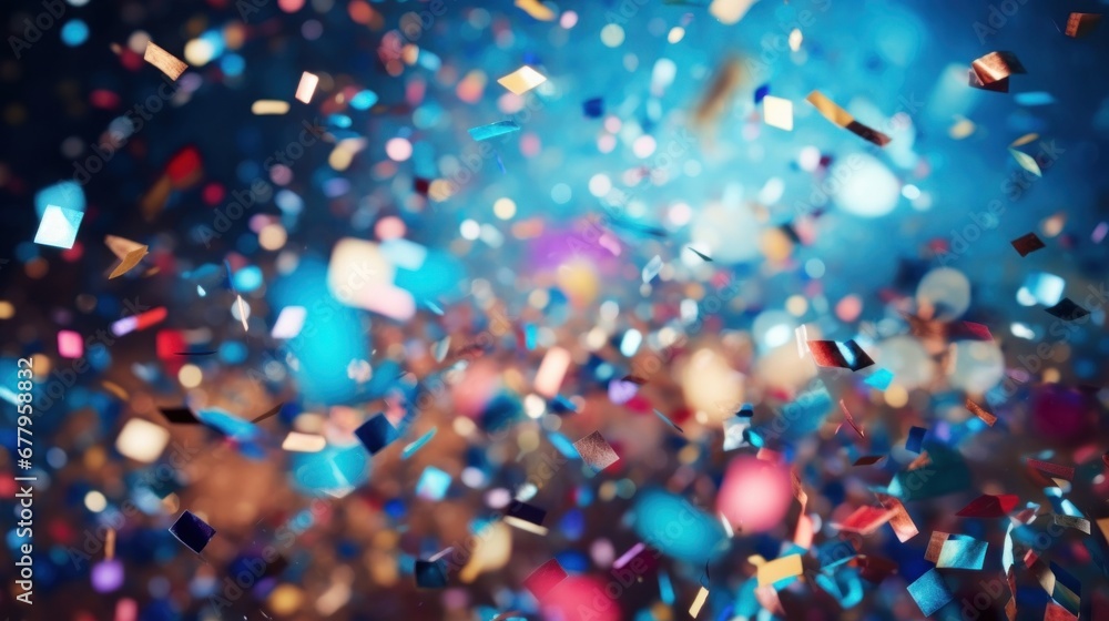 A festive and colorful party with flying neon confetti on a purple, red and blue background