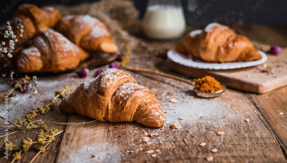Freshly baked croissants with berries jam, chocolat, dark wooden background. AI Generated.