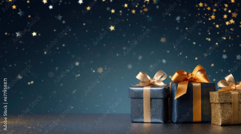 Golden gift presents on a light dark blue background with colorful bokeh and stars glittering Golden gift presents on a light dark blue background with colorful bokeh and stars glittering