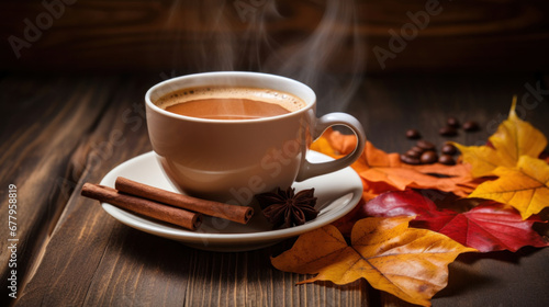 A cup of coffee on a wooden table with fall leaves.