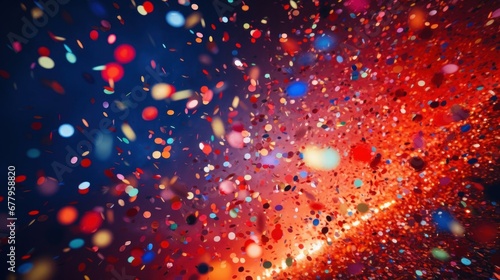 A festive and colorful party with flying neon confetti on a purple  red and blue background