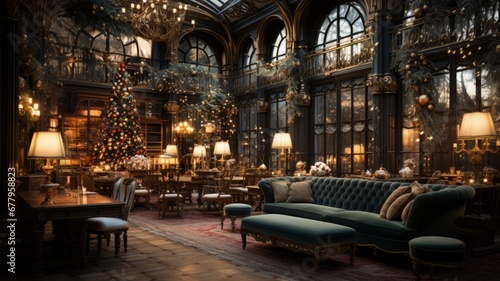 hotel lobby with Christmas decoration, lights everywhere, waiting for Christmas and Christmas Eve to celebrate © rodrigo