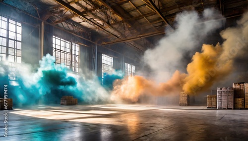 inside empty warehouse, clouds of bright colorful blue purple pink yellow smoke float in air. AI Generated. © ImagineWorld
