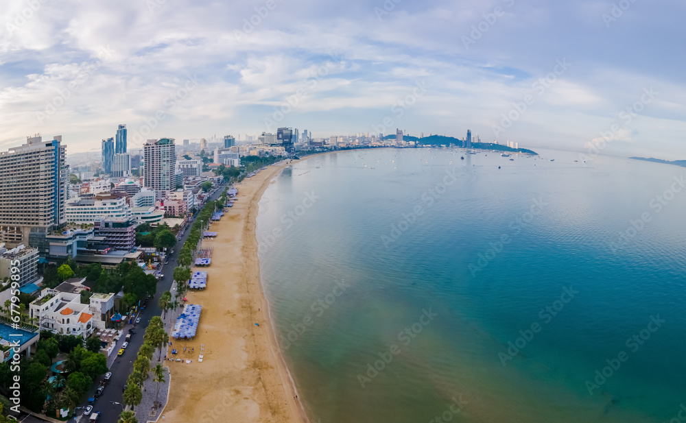 Pattaya Thailand, a view of the beach road with hotels and skyscrapers buildings alongside the renovated new beach road on a cloudy morning
