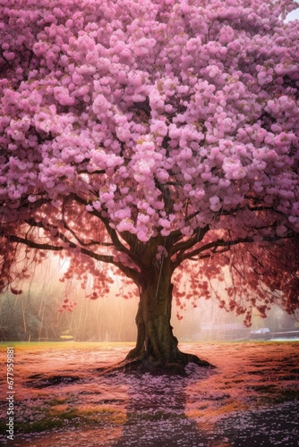 A large tree with pink flowers in a park. Generative AI. © serg3d