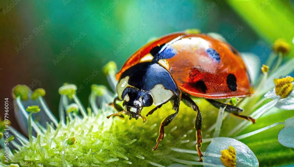 Fototapeta premium ladybug on his jounrey throught the meadow. close up macro shot. AI Generated.