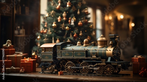 small toy train Christmas gift, decoration with small gifts and a Christmas tree in the background