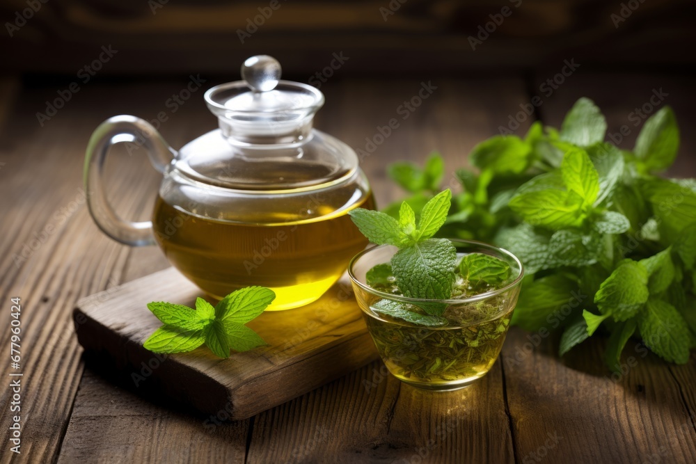 Freshly made peppermint tea steams in a cozy setting with loose leaves and a retro teapot Freshly made peppermint tea steams in a cozy setting with loose leaves and a retro teapot