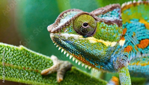 close up macro shot of a chameleon, Head shot of a veiled chameleon, Chamaeleo calyptratus. AI Generated.
