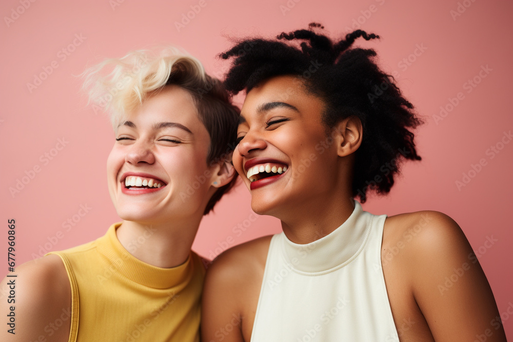 happy smiling two interracial friends laughing and having a good time together happy smiling two interracial friends laughing and having a good time together