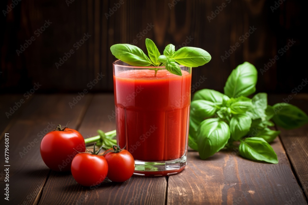 An Invigorating Tomato Basil Juice Served Fresh on a Rustic Table in Warm Morning Glow An Invigorating Tomato Basil Juice Served Fresh on a Rustic Table in Warm Morning Glow