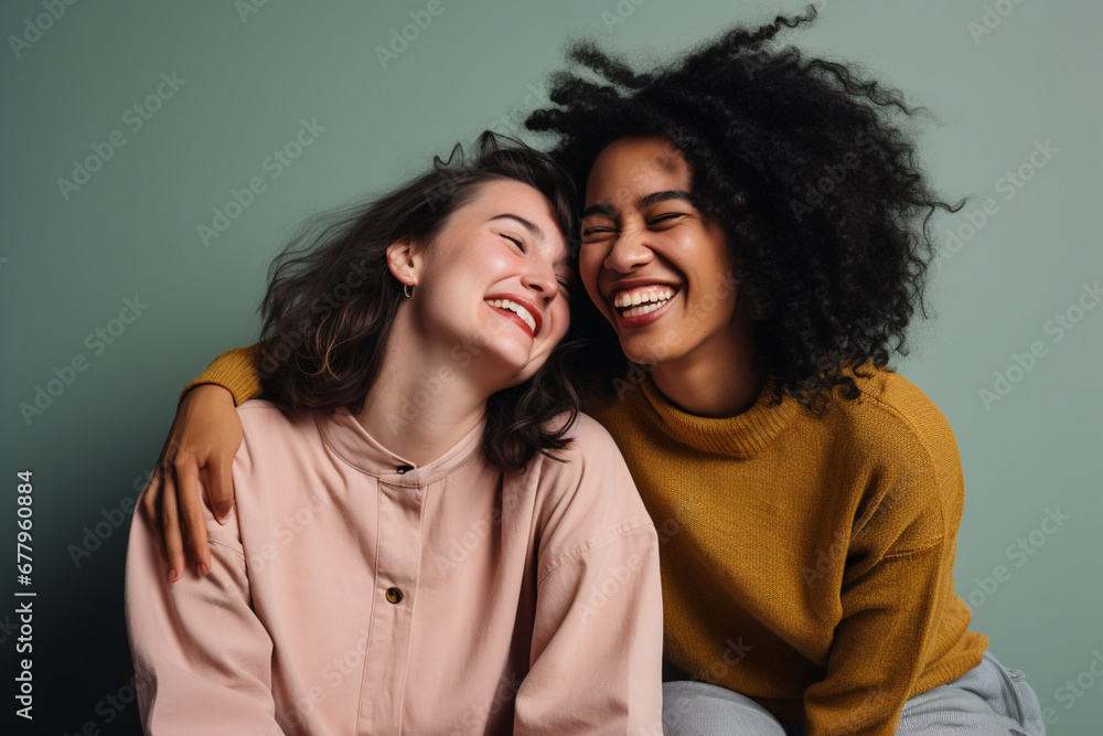 happy smiling two interracial friends laughing and having a good time together happy smiling two interracial friends laughing and having a good time together