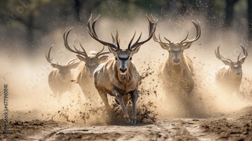 Mule deers Fleeing Predators Running towards the Camera through the Muddy Water in the Forest Wildlife Herbivores Animal Photography Endangered Species Nature Environmental Conservation Protection photo