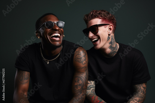 happy smiling two interracial friends laughing and having a good time together