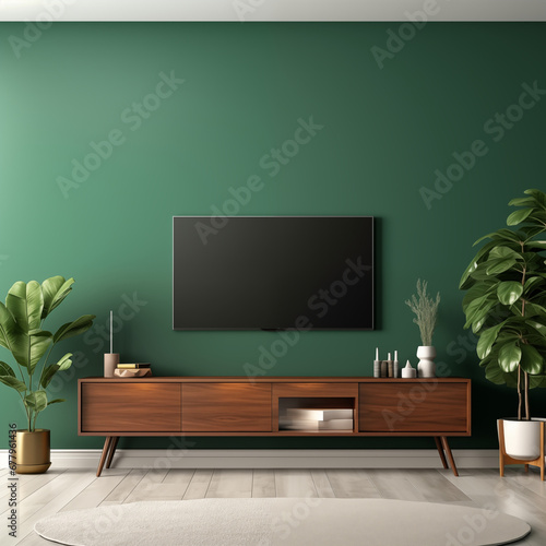 Living room with cabinet for tv on Dark green color wall background