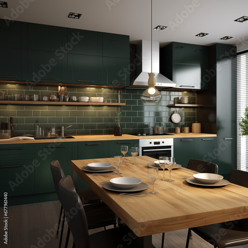 kitchen room interior with Concept of contemporary design dark green tone © Lerson