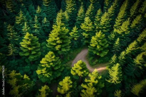 view from above of a lush pine woodland