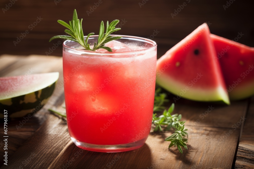Beat the Heat: A Vibrant Image of a Cold Watermelon and Rosemary Drink with Ice and Fresh Garnish Beat the Heat: A Vibrant Image of a Cold Watermelon and Rosemary Drink with Ice and Fresh Garnish