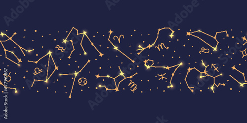 Golden glowing zodiac constellations seamless pattern on night sky map background. Constellations of shiny stars repeating print, starry sky, astrological forecast, horoscope vector illustration photo