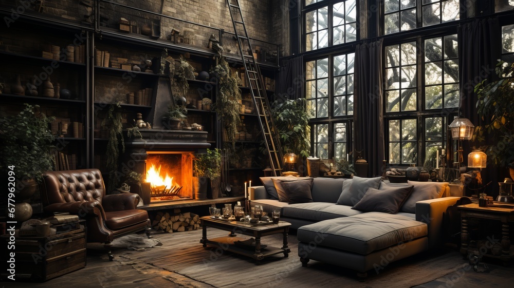 interior of an industrial-type loft decorated for Christmas, fireplace and decorated Christmas tree in the background