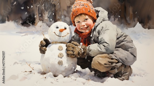 illustration of boy playing with snow making snowmen snowy landscape, cold clothes