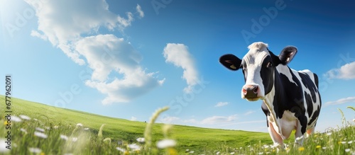 In the picturesque summer landscape a young black and white cow grazes peacefully on the lush green grass of the idyllic farm field adding a cute touch to the vibrant natural background