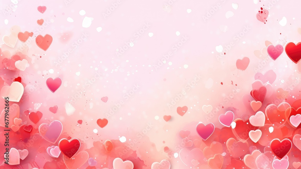 Festive banner with hearts on a pink background in watercolor style. Valentine's Day. Copy space
