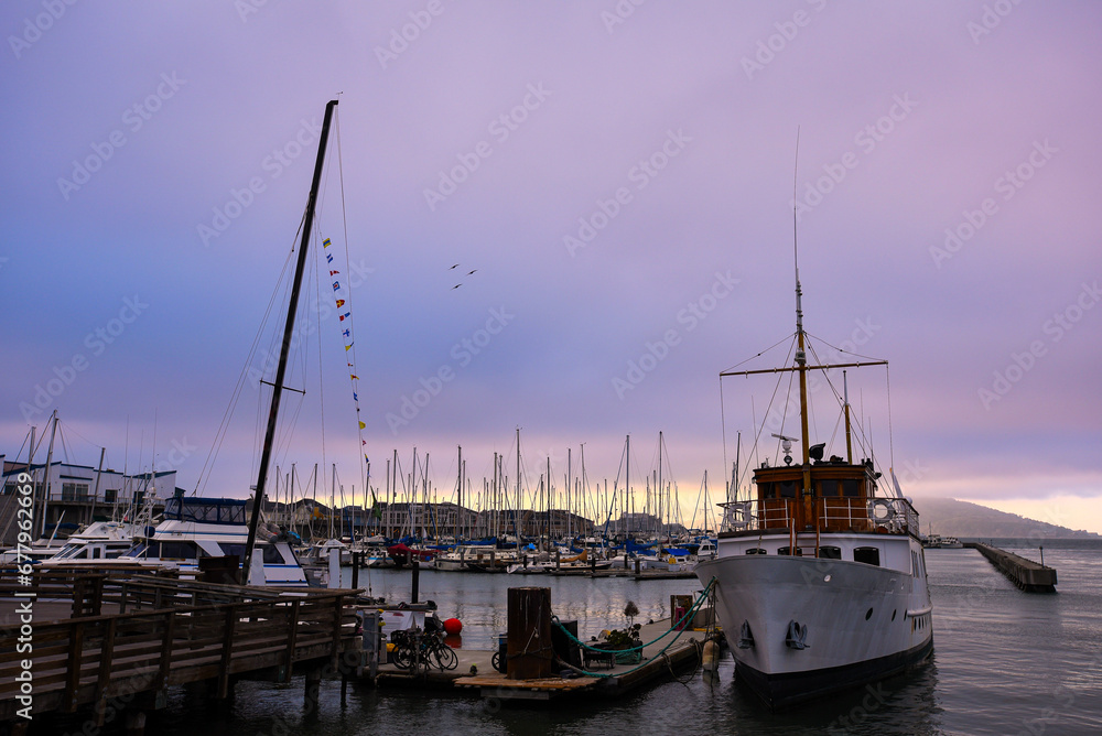 Boats docked at Dusk in San Francisco Bay, California
