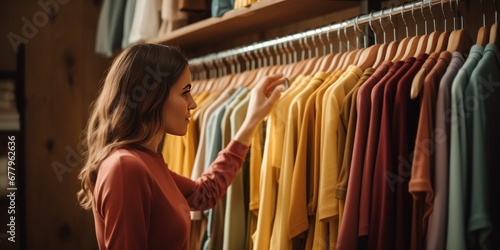 young woman selecting clothing from rack on a clothing store's rack, generative AI