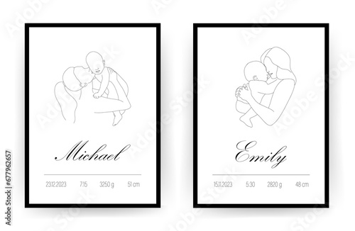 Baby Shower poster for children bedroom. Newborn metric with name, date of birth, weight and height. Linear mother hugging her child. One line art. Minimalistic vector illustration.