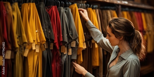young woman selecting clothing from rack on a clothing store's rack, generative AI