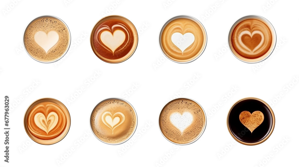 coffee cup assortment top view collection, coffee cup assortment with heart sign top view collection isolated on white background, PNG Transparency coffee cup assortment top view collection, coffee cup assortment with heart sign top view collection isolated on white background, PNG Transparency