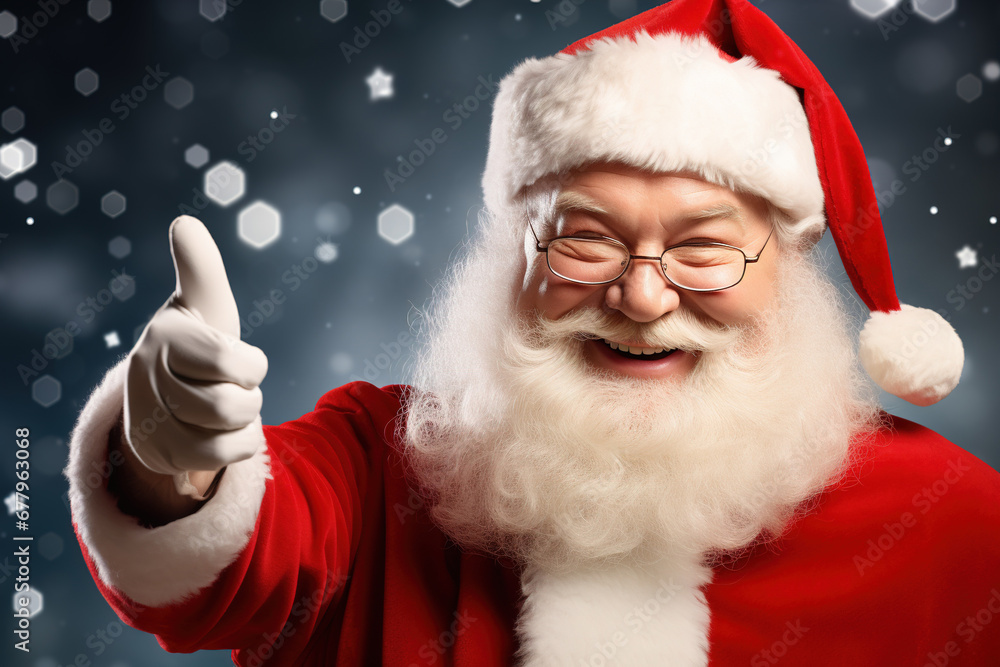 Close-up of a smiling Santa with a great Christmas gesture against a blurred background. Close-up of a smiling Santa with a great Christmas gesture against a blurred background.