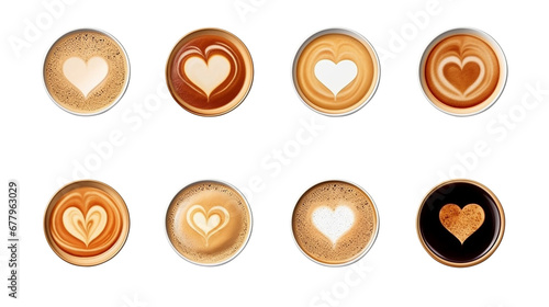 coffee cup assortment top view collection, coffee cup assortment with heart sign top view collection isolated on white background, PNG Transparency
