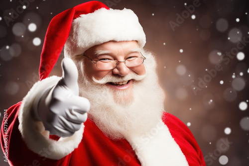 Close-up of a smiling Santa with a great Christmas gesture against a blurred background.