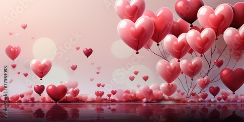 A pink banner with heart-shaped balloons. Banner for Valentine's Day. Copy space