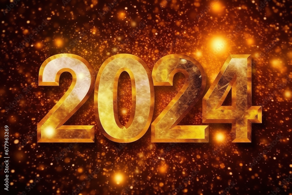 3D vector style illustration of happy new year 2024 background decoration with figures against glitter gold background. 3D vector style illustration of happy new year 2024 background decoration with figures against glitter gold background.