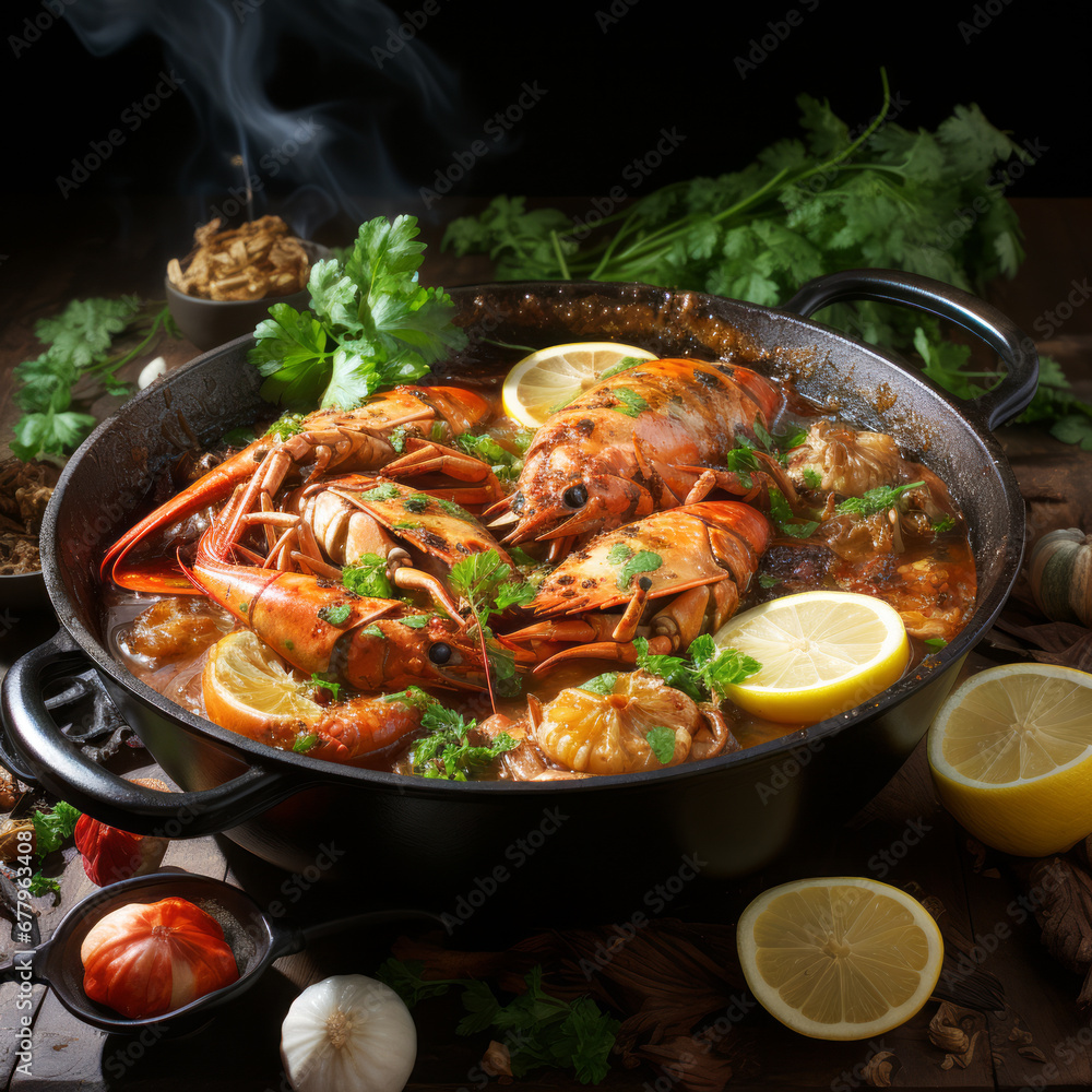 seafood paella in a pan