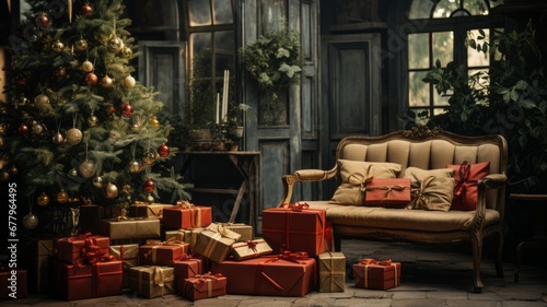 elegant room with a Christmas tree with gifts on the floor, in the background a fireplace with a burning fire